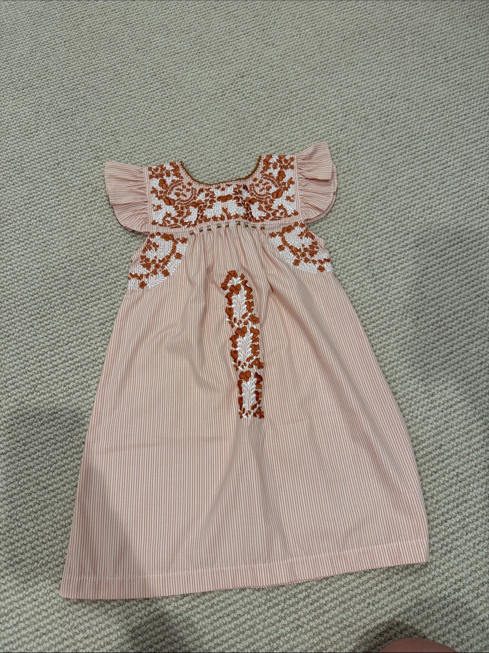 Girls orange Striped Dress with Rust Floral Embroidery